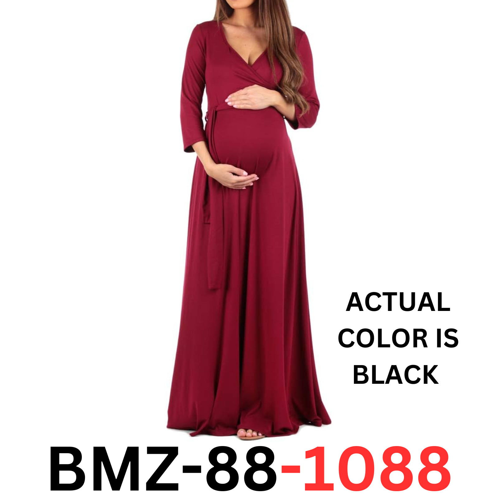 Mother Bee Maternity 3/4 Sleeve Faux Wrap Dress with Adjustable Belt Black M