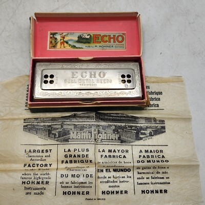 Vintage The Echo Harp Harmonica C/G 2A Wood/Bell Metal Reeds by M.Hohner Germany