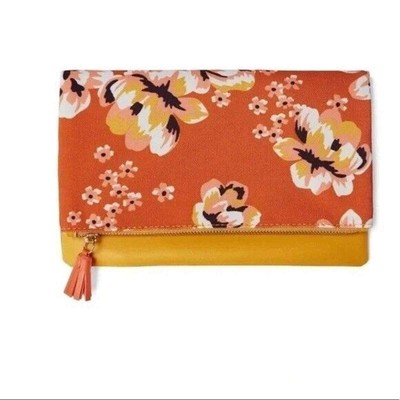 Rachel Pally Womens Floral Gold Tone Orange Yellow Fold-over Clutch Handbag
