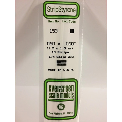 Evergreen 153 Styrene Plastic Strips 0.060''x 0.060''x 14'' (10)