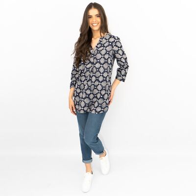 White Stuff Top Navy Blue Womens 3/4 Sleeve Relaxed Button Tunic Longline 