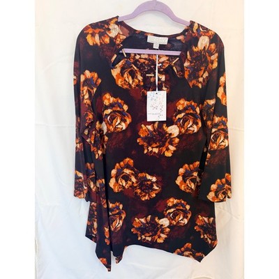 Carolyn Taylor Wild Fire Rust Floral Sharkbite Tunic Top XL 3/4 Sleeve 5JW75791A