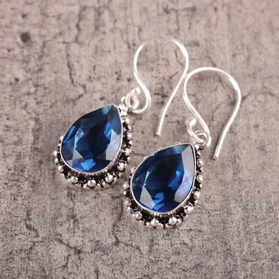 Gift For Her Natural London Blue Topaz Drop/Dangle Earrings 925 Silver