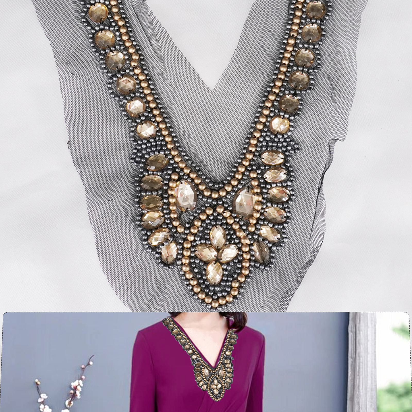 Crystal Embroidered Beads Collar Lace V-Shape Neck Applique for Dresses Jacket