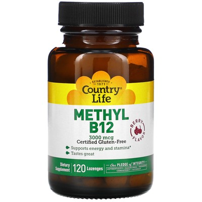 Country Life Methyl B12 со вкусом ягод 3 000 мкг 120 леденцов без глютена, GMP