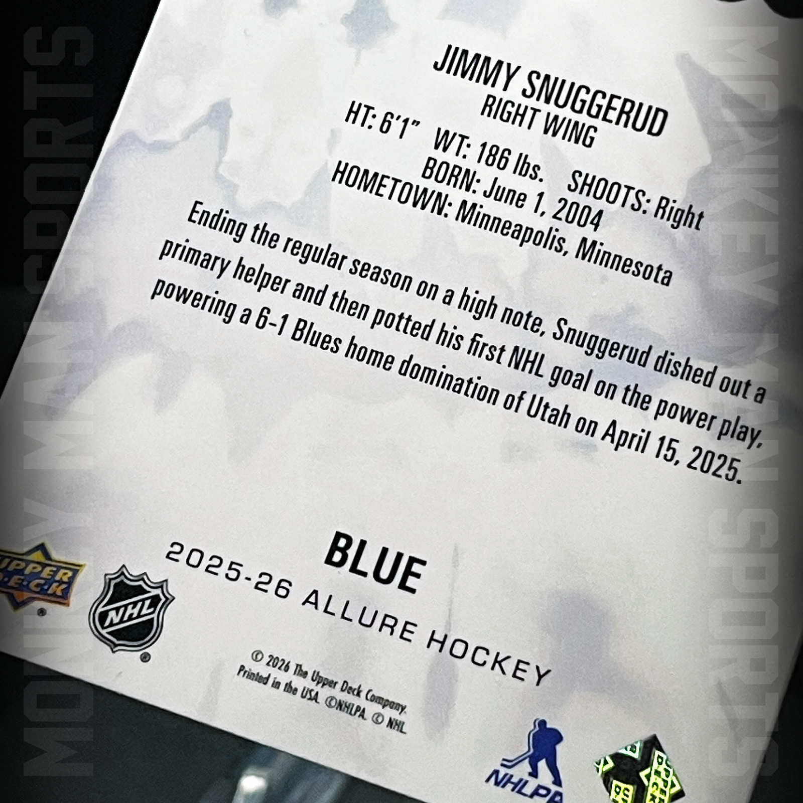 Additional photo 2 of 2025-26 Allure - Jimmy Snuggerud Rookie RC HITTING THEIR GROOVE HTG-9 BLUE BLUES