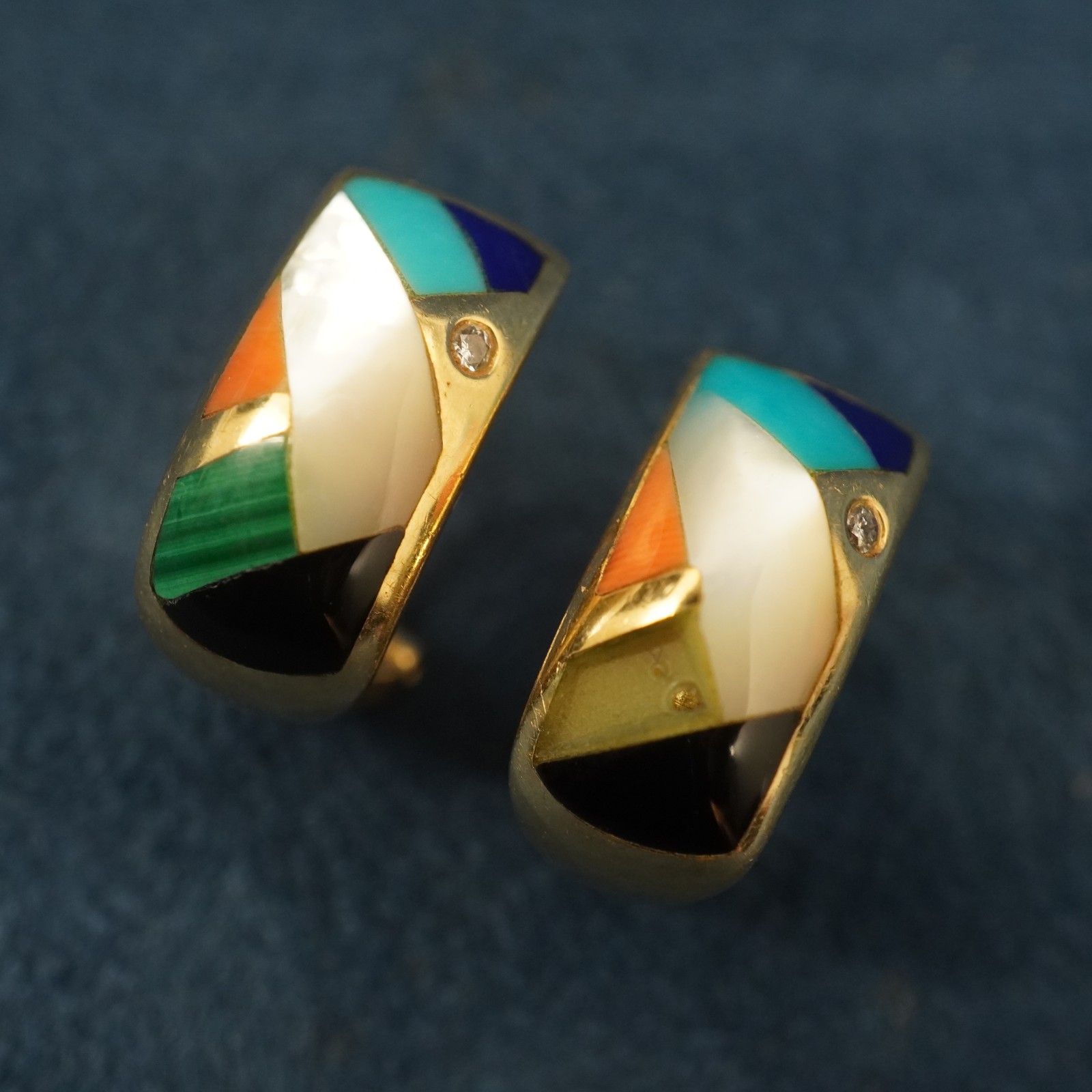 Asch Grossbardt 14k Gold, Diamond &amp; Multistone Inlay Earrings- Free Ship US
