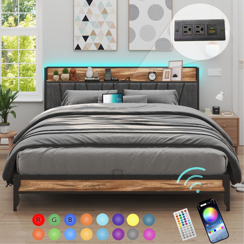 King Queen LED Bed Upholstered Platform Bed w/ Storage Headboard, Charging Port