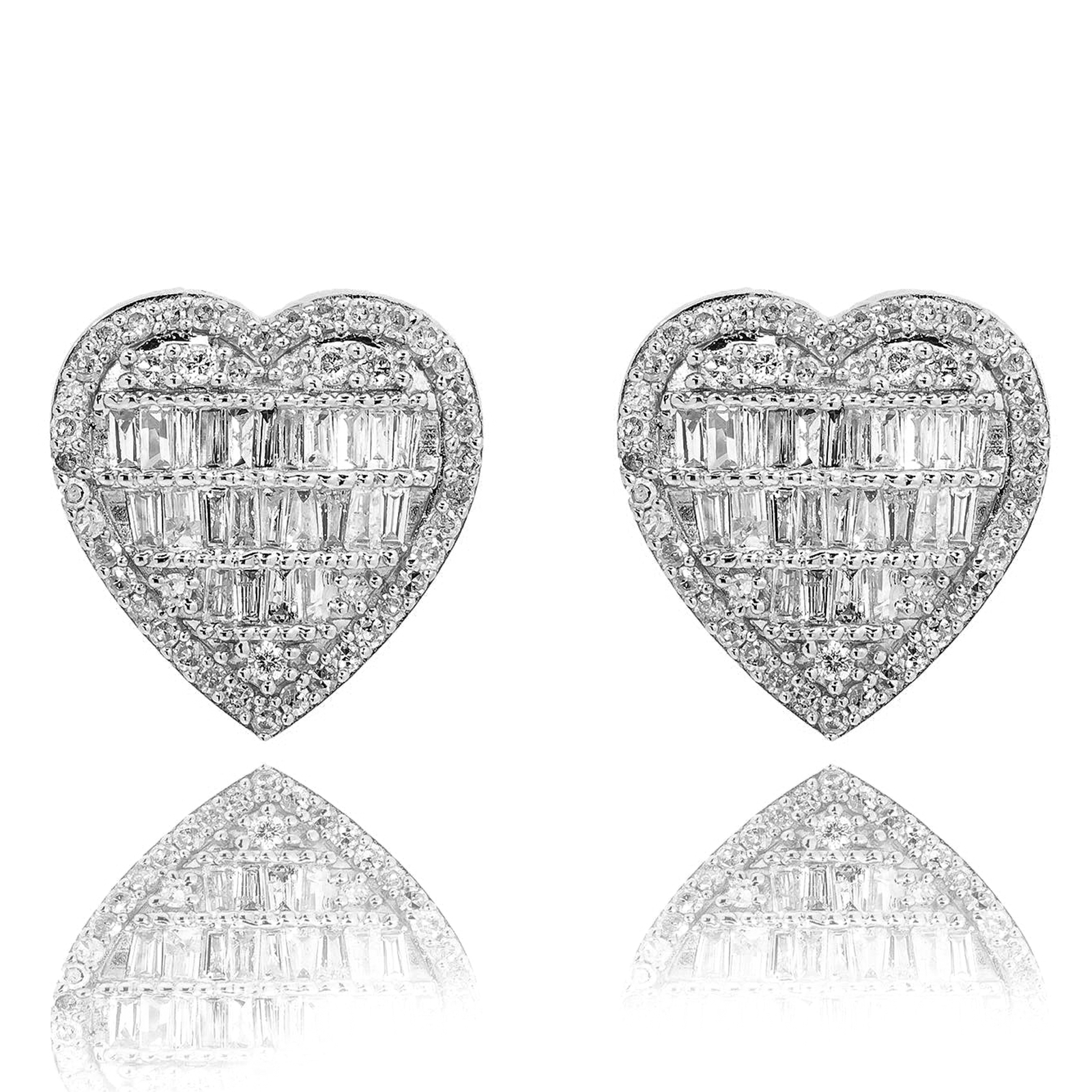 White Gold 925 Sterling Silver Iced Cute Ladies Baguette Heart Stud Earrings