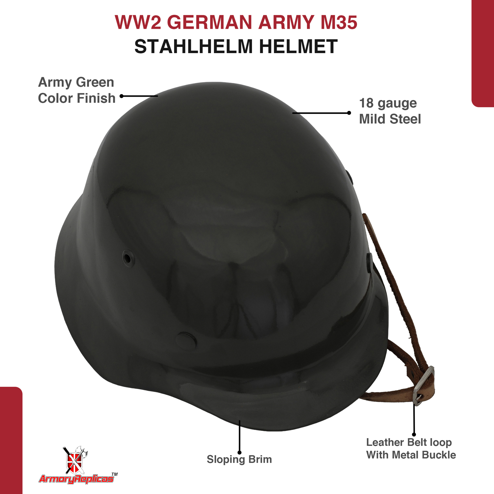 WWII German M35 Stahlhelm | Leather Inliner & Brass Buckle | 18G Steel Helmet