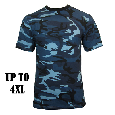 Urban Blue Camo T Shirt 100 Cotton Camouflage Army Military Top Up To 4XL