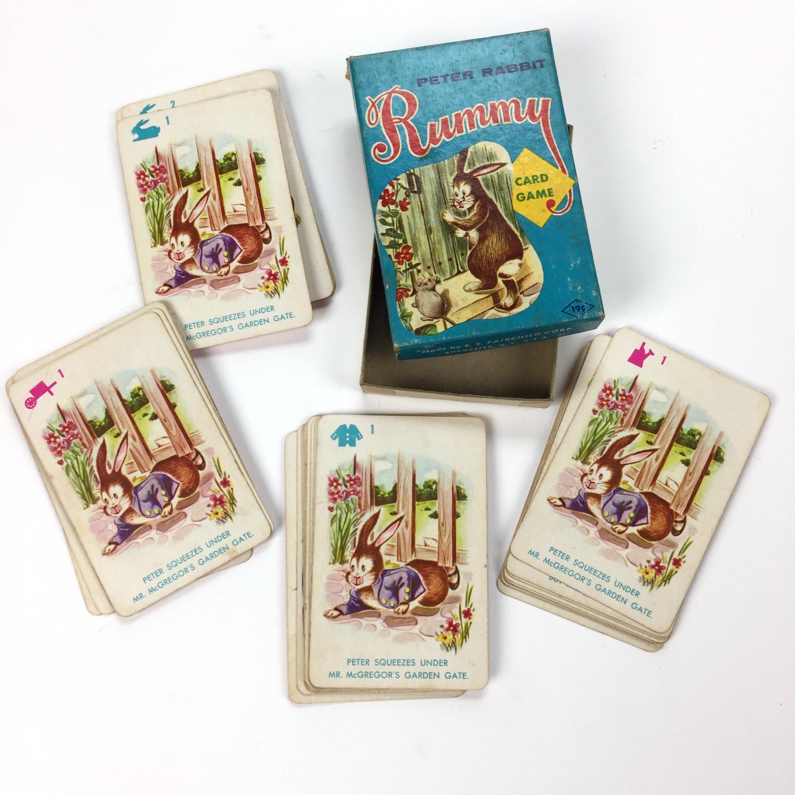 Vintage Peter Rabbit RUMMY Card Game, Fairchild, box 19¢ cents, deck, playing