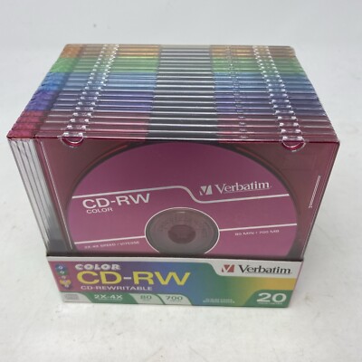 NEW Verbatim CD-RW 700MB 80Min 20 Disc Pack Assorted Colors in Slim Jewel Cases
