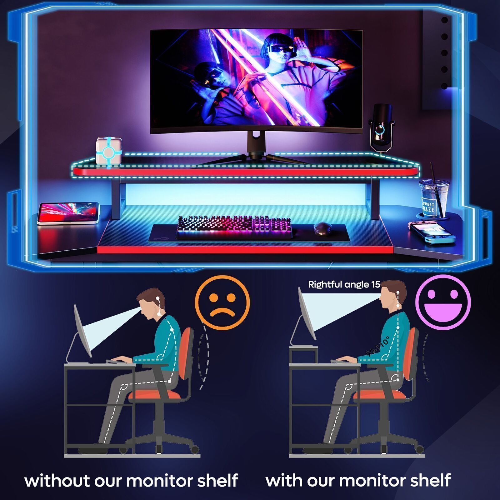 50.3" Gaming Desk Computer Office Table with LED Lights, Monitor Stand, Red