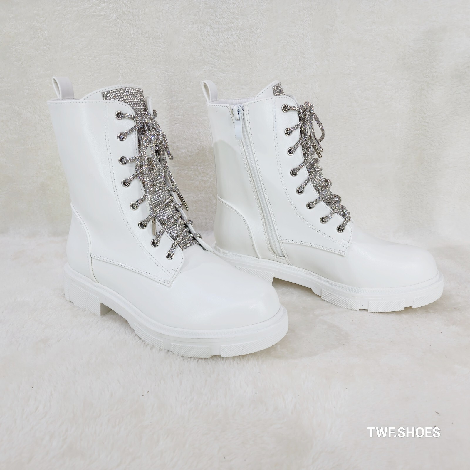 Rylee White Combat Ankle Boots Iridescent Rhinestone Tongue