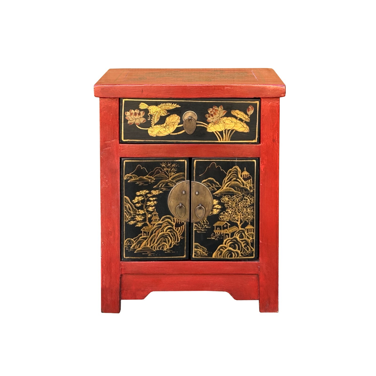 Oriental Distressed Red Black Golden Graphic Side End Table Nightstand cs7695S Oriental Distressed Red Black Golden Graphic Side End Table Nightstand cs7695S