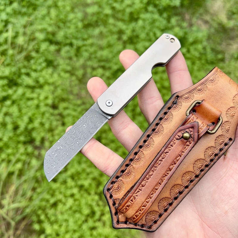 Petit Couteau Pliant Acier Damas Coreless Goutte D'Eau Avec ÃTui Camping  #277