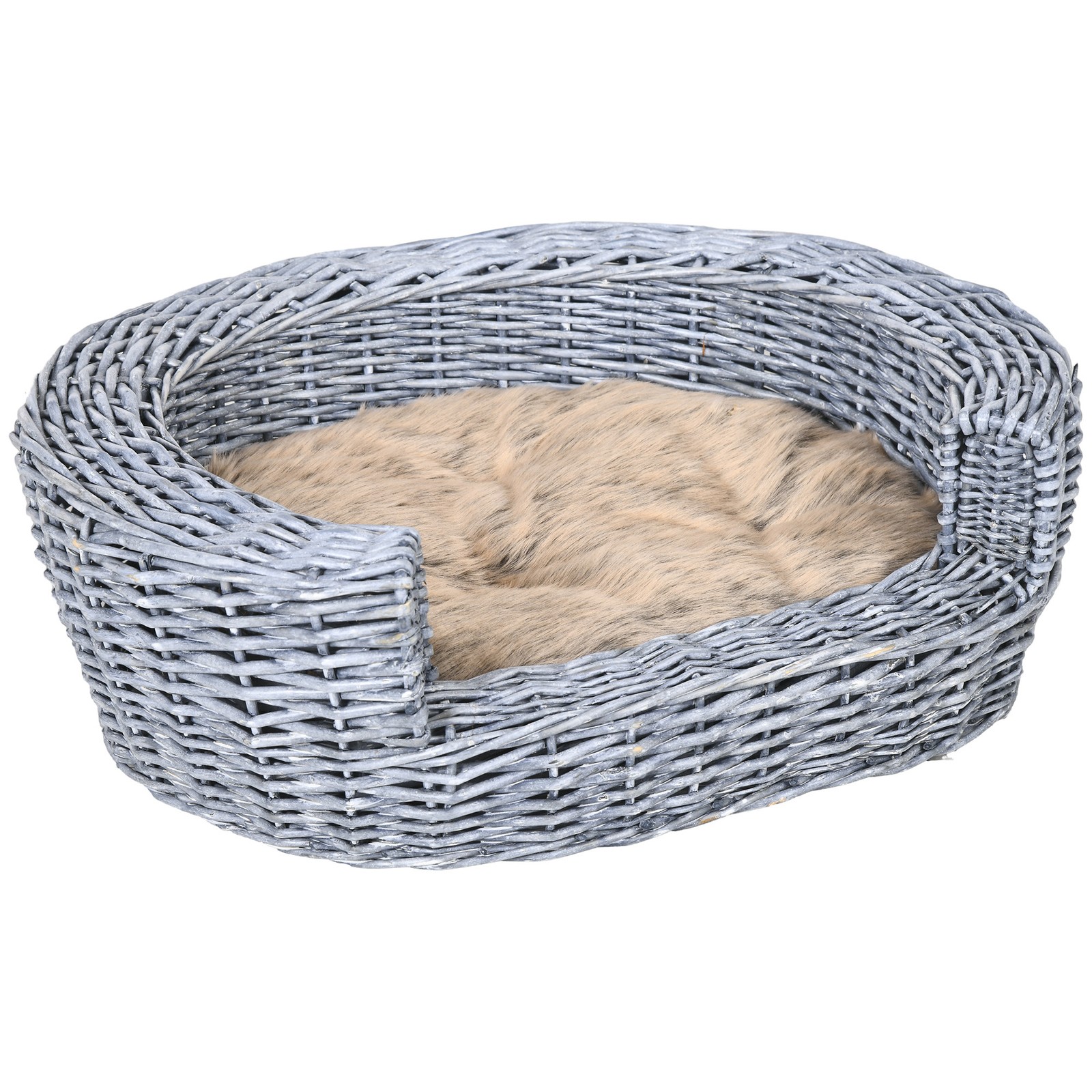 PawHut Wicker Pet Bed Willow Dog Cat Sofa Couch Puppy Basket With Cushion Grey 5