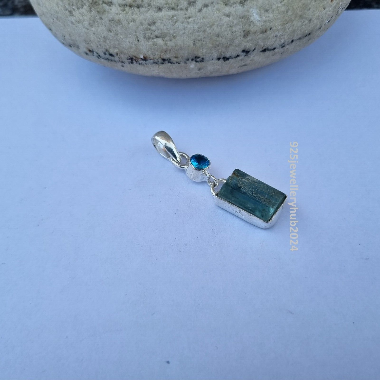【REAL SILVER 925】AQUA SILVER Raw Aquamarine & BT Pendant 925 Sterling Silver Handmade