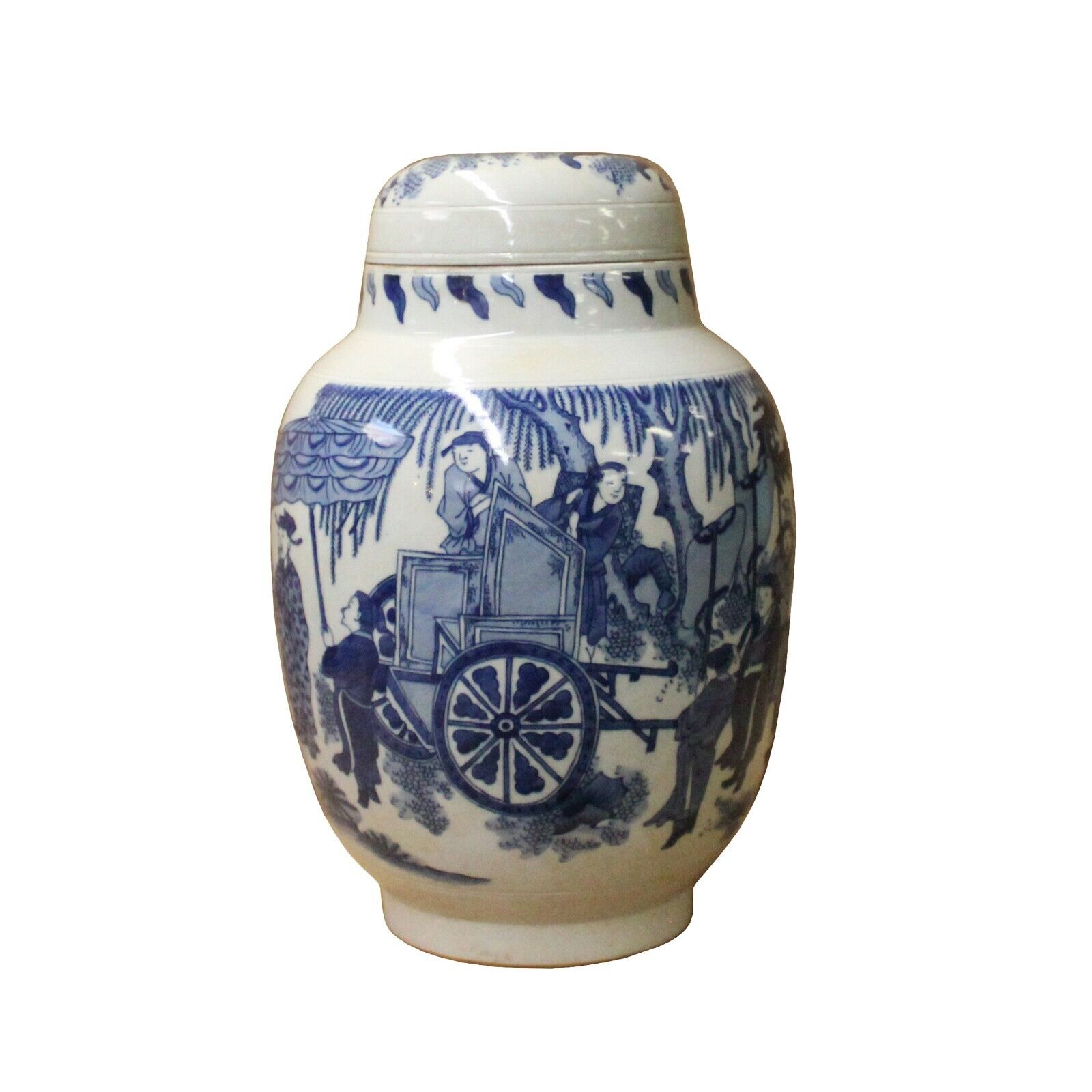 Chinese Blue White Round Porcelain People Graphic Accent Jar ws1104S Chinese Blue White Round Porcelain People Graphic Accent Jar ws1104S