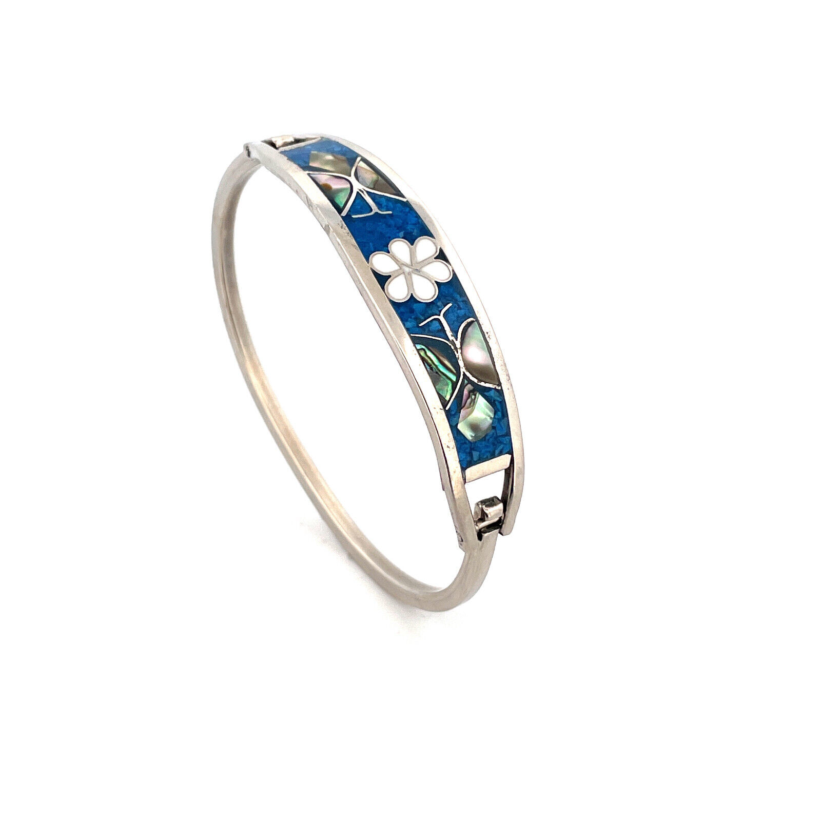 Alpaca Silver Hinged Bangle Flower Bracelet Enamel MOP Alpaca Silver Hinged Bangle Flower Bracelet Enamel MOP