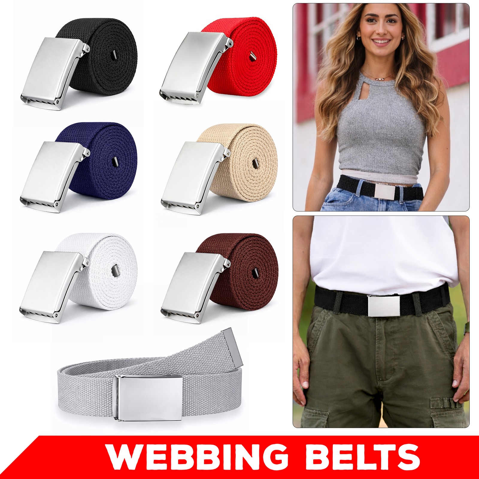 Unisex Mens Womens Cotton Plain Webbing Canvas Belt Silver Buckle Army Size 51