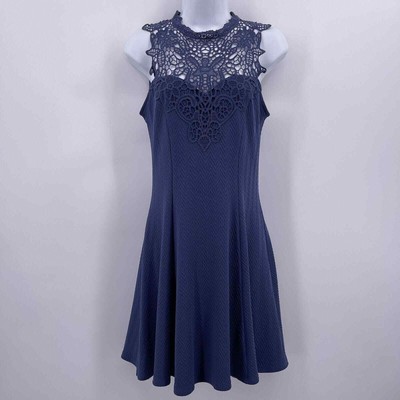 Alya Sz S Mini Dress Blue Sleeveless Fit and Flare Crochet Neckline Stretch NWT