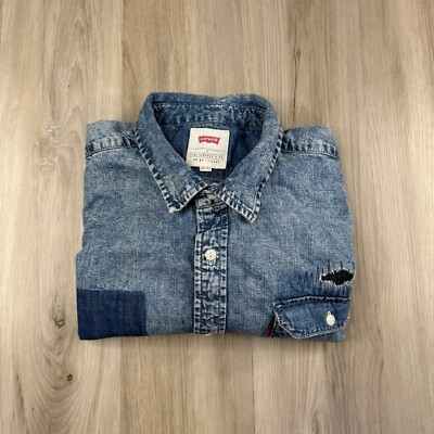 Levis Shirt Mens Blue Denim Distressed Holes Patch Casual Work Outdoor Large