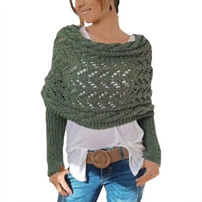 Knitted Cable Wrap with Sleeves Hollow Twist Crochet Pattern Women Shawl Scarf