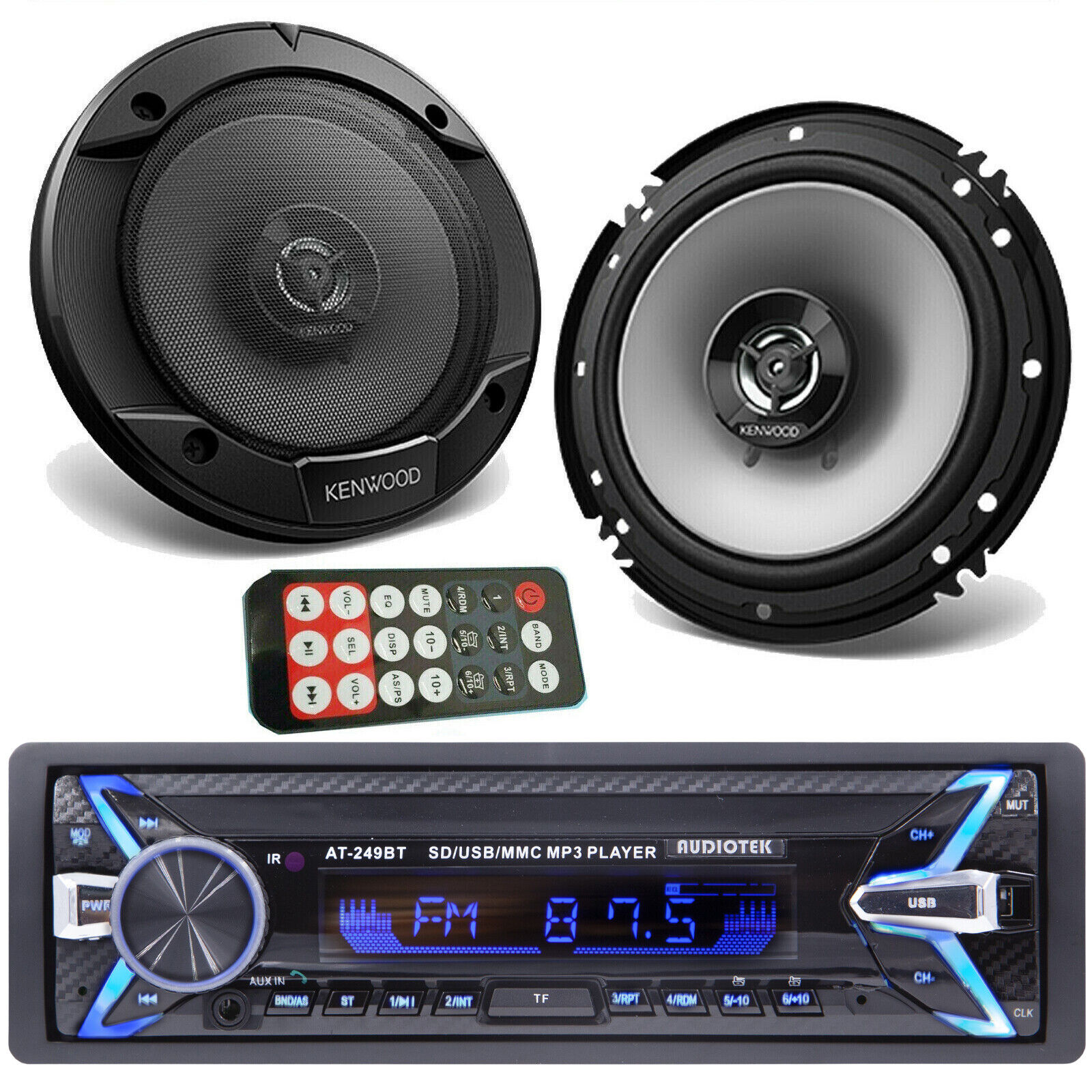 2x Kenwood KFC-1666S 6.5" Speakers & Audiotek Car Stereo Blu