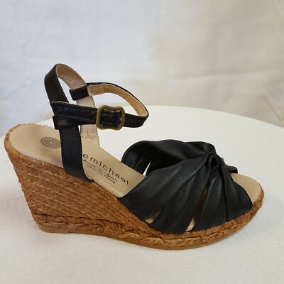 Eric Michael Destiny Women's Black leather wedge heel sandal EUR 41 US 10