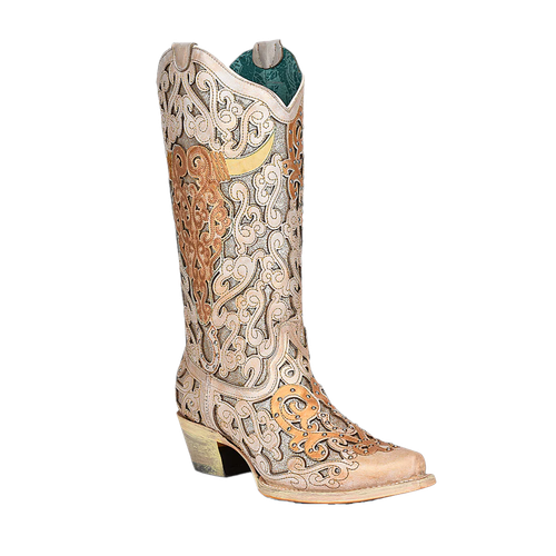 Pre-owned Corral ® Ladies White Glitter Inlay & Bull Skull Embroidery Boots A4408
