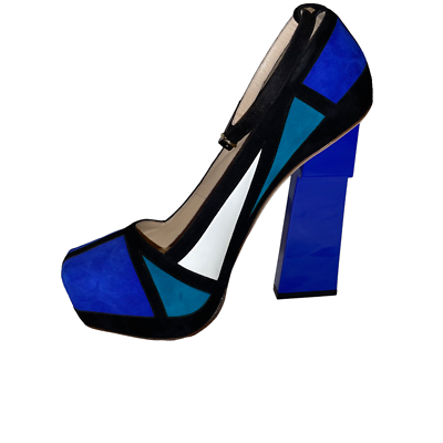New Aperlai GEISHA Mondrian Blue Suede Platform Heels Pumps Sz 38.5 8 8.5 Shoes