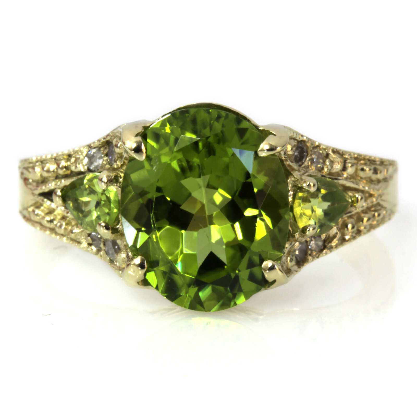 Pre-owned Jewelry By Arsa 3.6 Ctw Natural Green Peridot & Diamond Solid 14k Yellow Gold Cocktail Ring