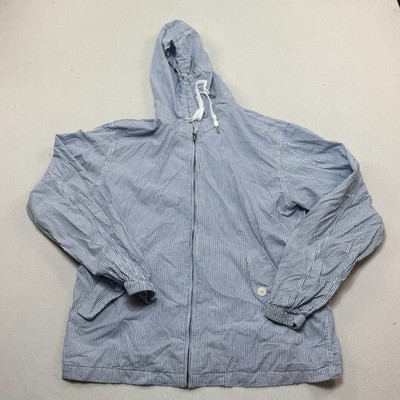 Uniqlo Hooded Jacket Women Large Blue White Stripe Excellent Seersucker Zip