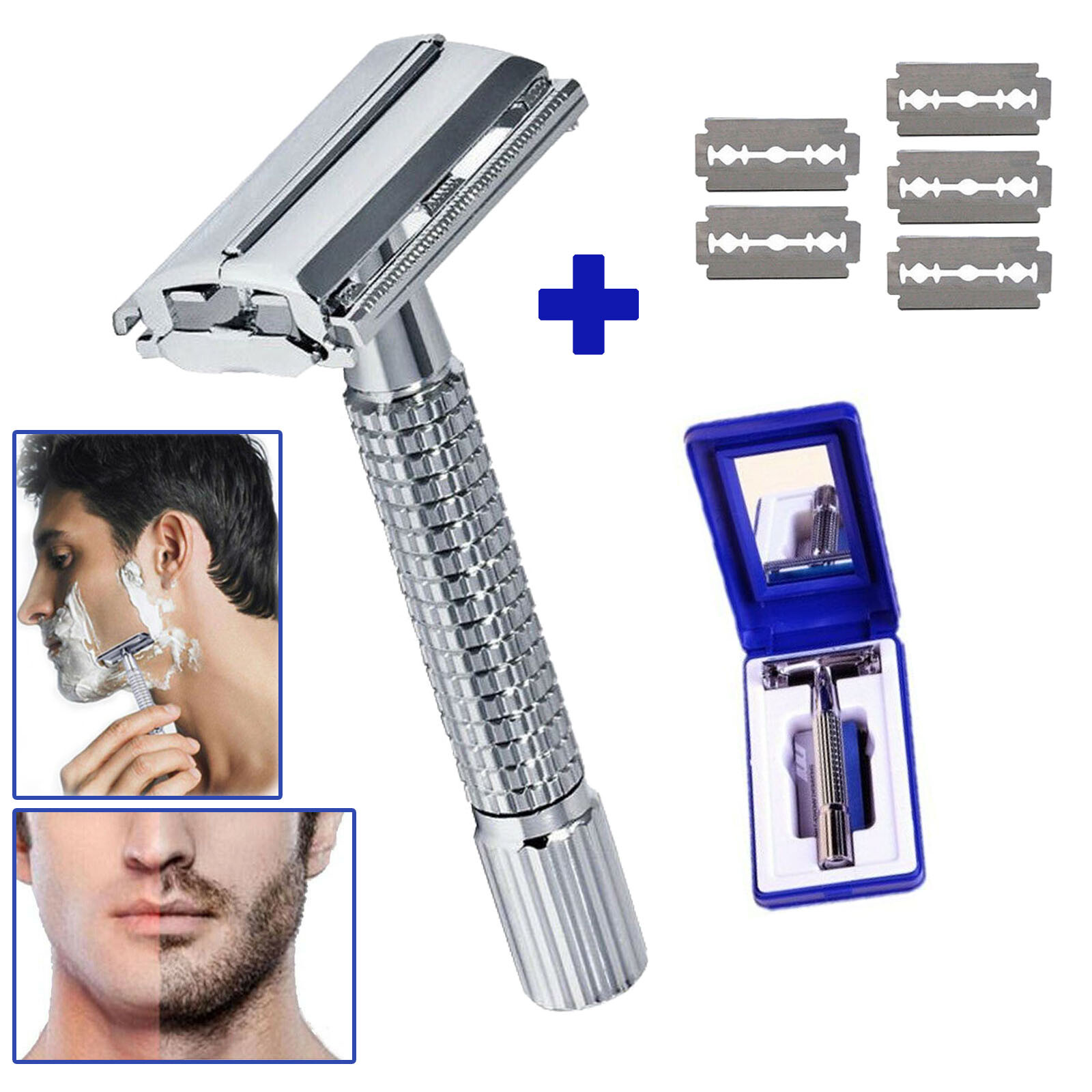 Men’s Classic Traditional Double Edge Chrome Shaving Safety Razor & 5 Blades Kit