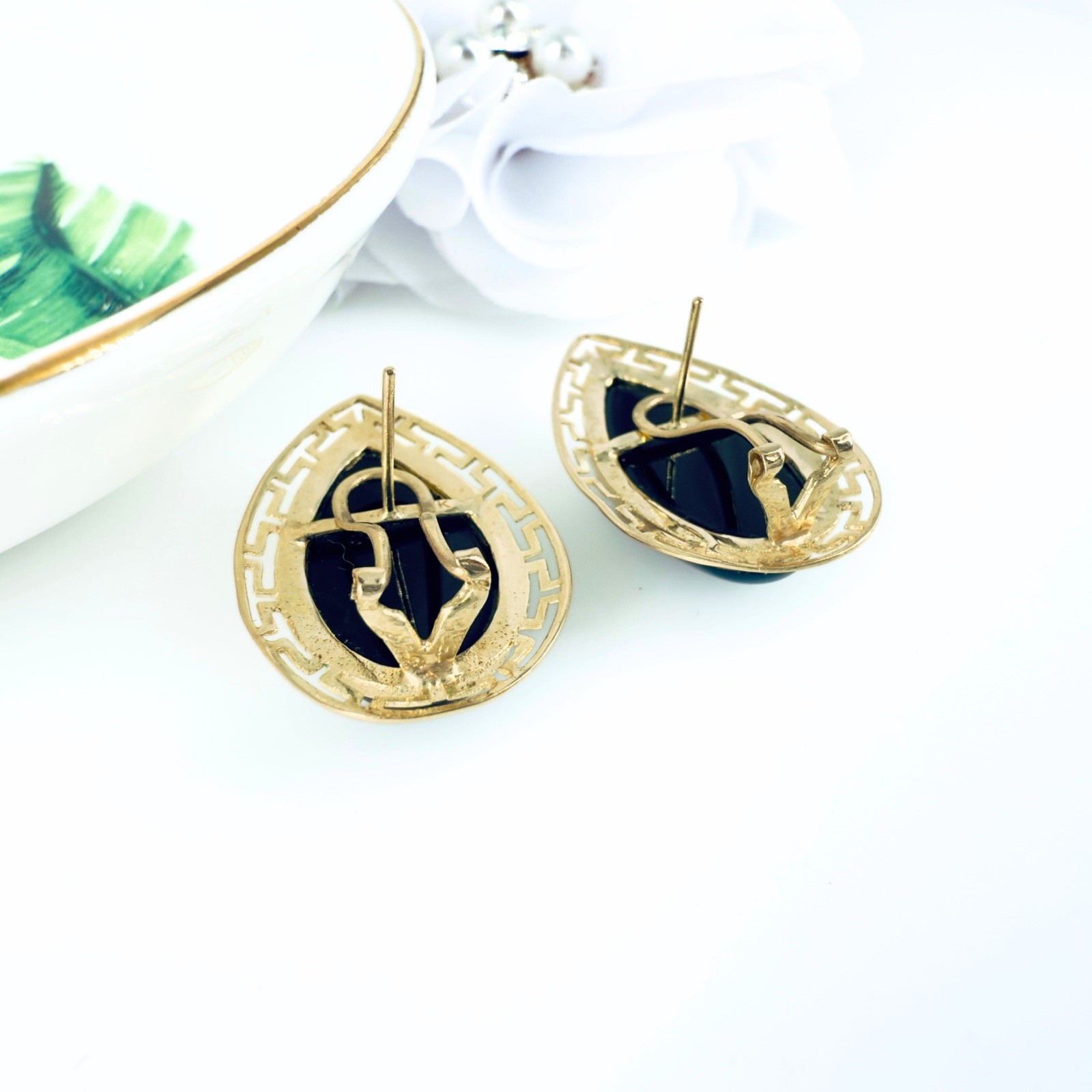 14k Yellow Gold Black Onyx Omega Back Earrings, Preowned - Picture 4 of 12