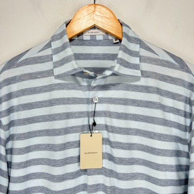 NEW Oliver Ridley Pima Cotton Polo Shirt Men Medium Blue Gray Striped Oxford