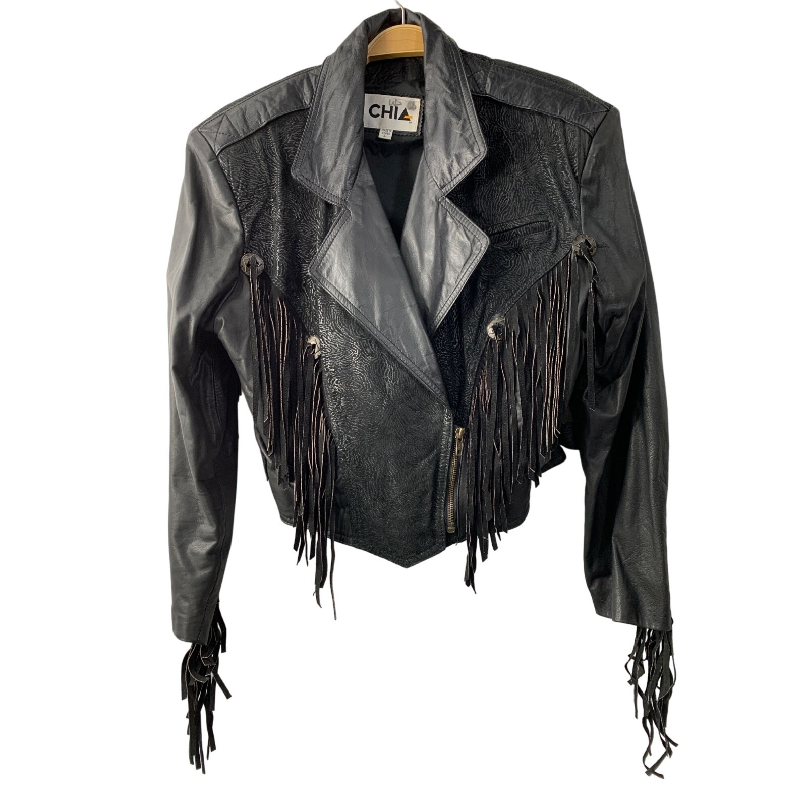 Womens 80's L Chia Fringe Emboss Leather Black Fringe Moto