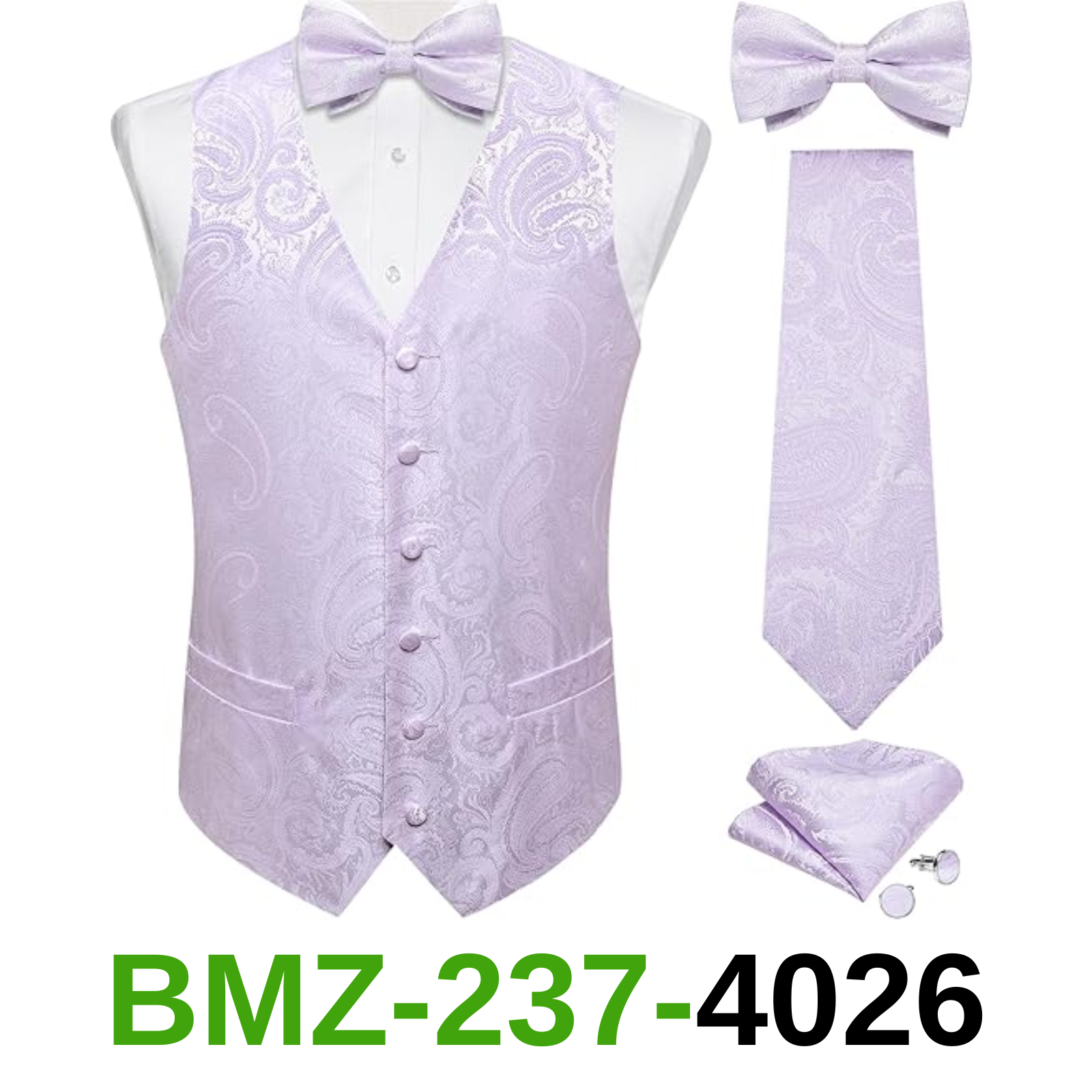 DiBanGu Men's Lavender Paisley Vest and Necktie Set 6PCS Pre-tied Bow Tie Silk,L