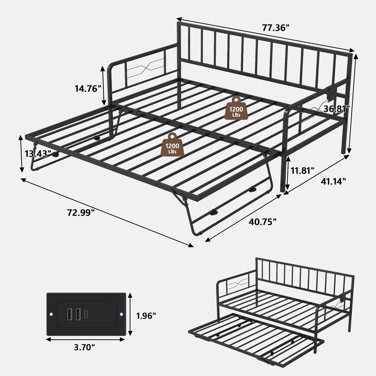 Heavy Duty Trundle Roll Out Sofa Bed Taus Black