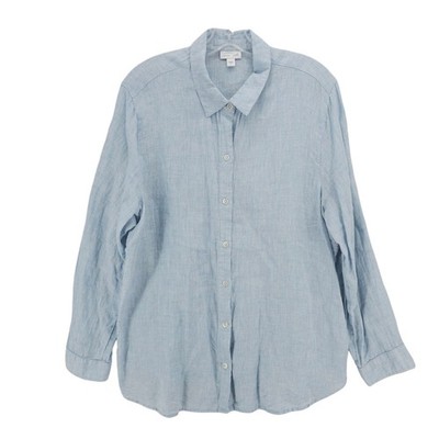 J JILL Light Blue 100% Linen Long Sleeve Button Up Shirt Size LARGE