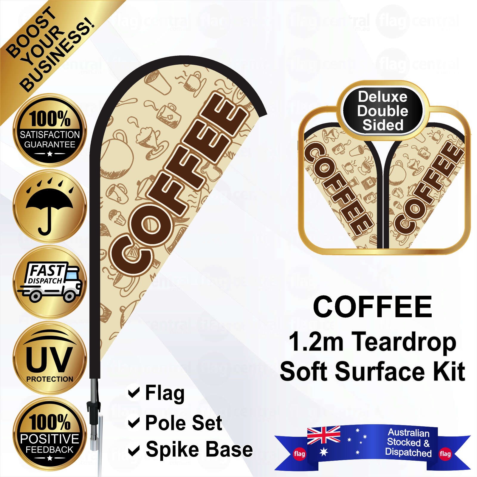 COFFEE Deluxe Double-Sided Cream 1.2m Teardrop Flag / Banner Kit with Pole Set and a Galvanised Steel Ground Spike