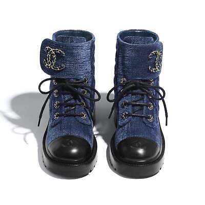 Pre-owned Chanel 21a Blue Black Quilted Cc Chain Combat Lace Up Tie Ankle Short Boots 38