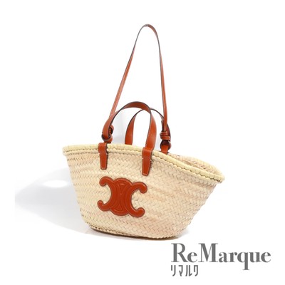 Celine Triomphe Classic Pannier Basket Bag Tote Beige Brown Raffia Leather Ladie