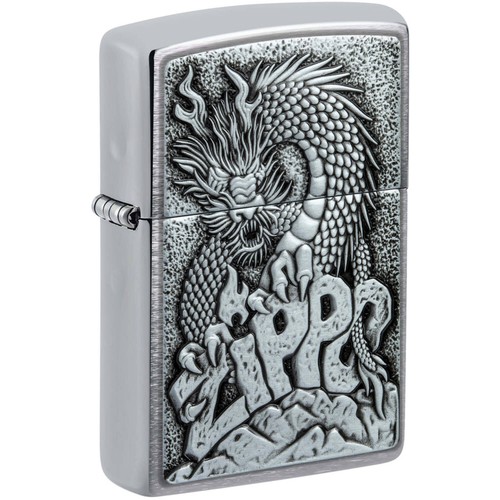 Zippo Lighter Ferocious Dragon Design Brushed Chrome