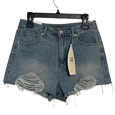 【COLOR iN ID】Studded Damage Bermuda Denim Sparkling Rhinestone-Studded Western Bling Denim Shorts