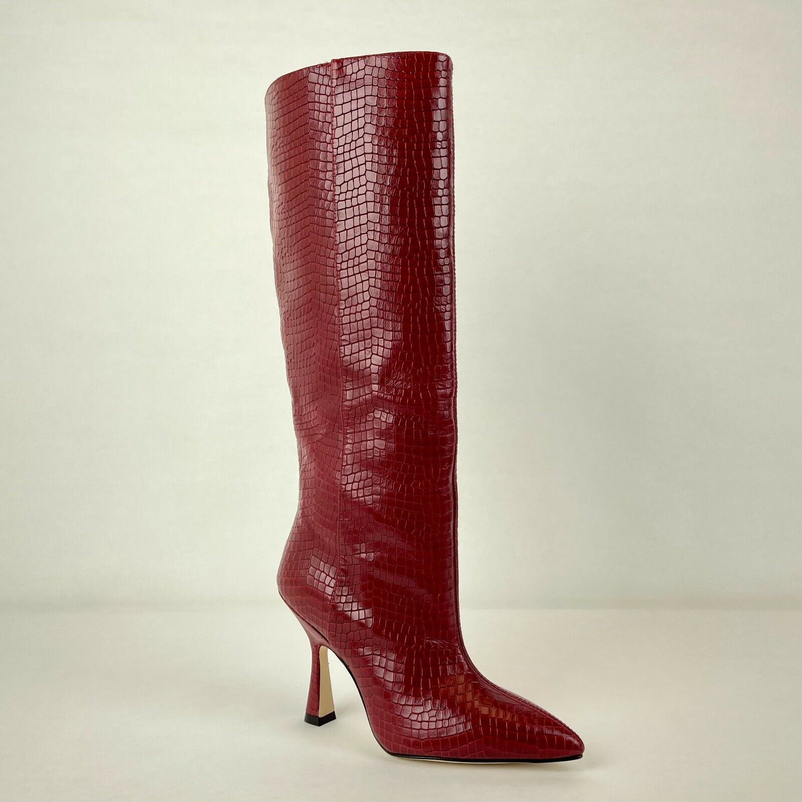 Pre-owned Stuart Weitzman $795  Parton Red Crocodile-embossed Leather Knee High Heel Boots