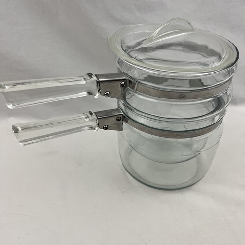 Vintage PYREX Flameware GLASS Logo DOUBLE BOILER with Lid
