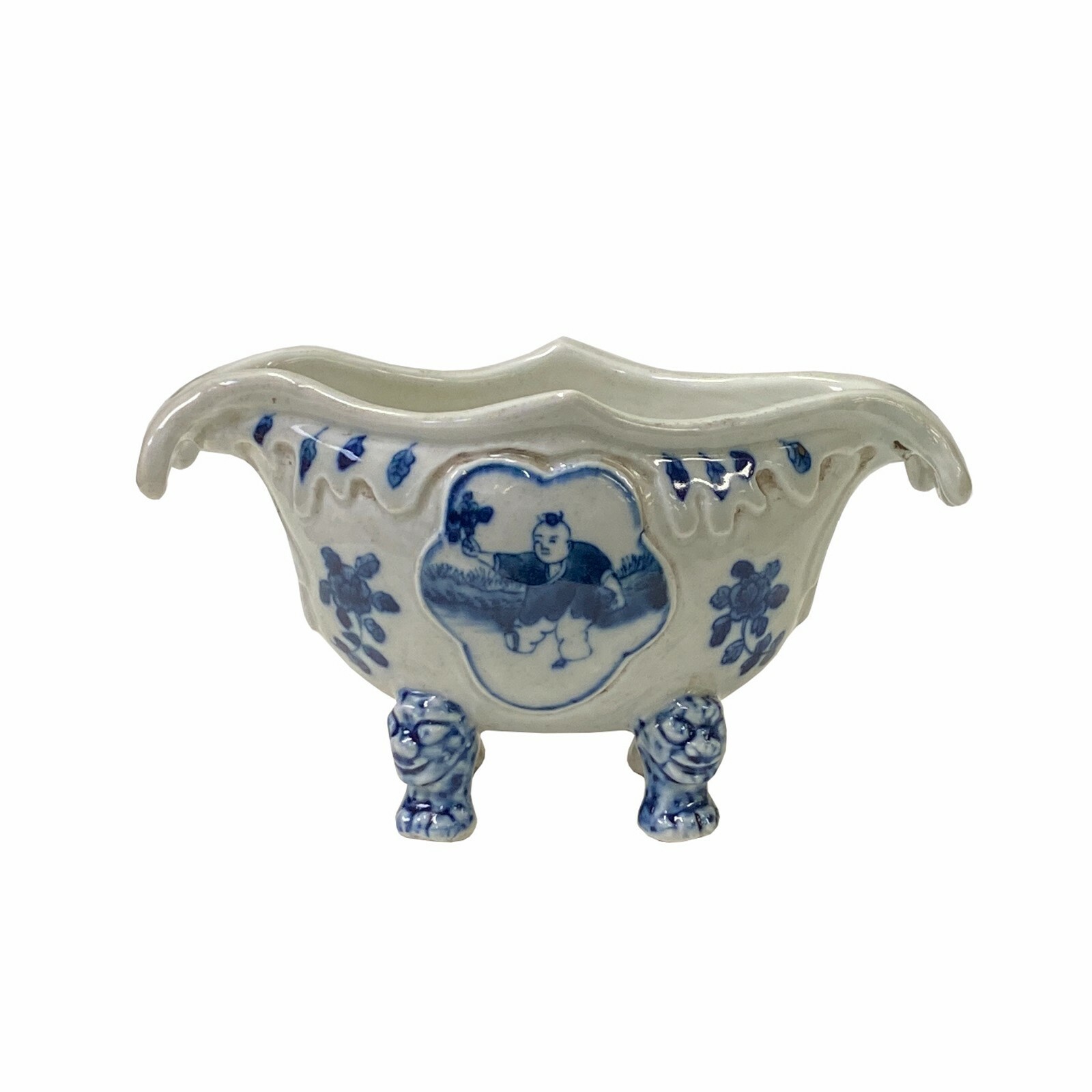 Chinese Oriental Blue Off White Porcelain Graphic Container Planter ws1792S Chinese Oriental Blue Off White Porcelain Graphic Container Planter ws1792S